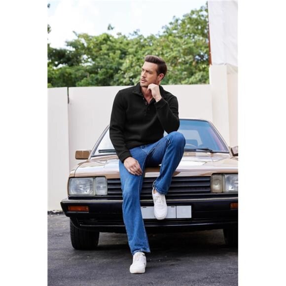 Mens Pullover Sweater Slim Fit Knitted Thermal Long Sleeve Casual Shawl Collar - Picture 5 of 7